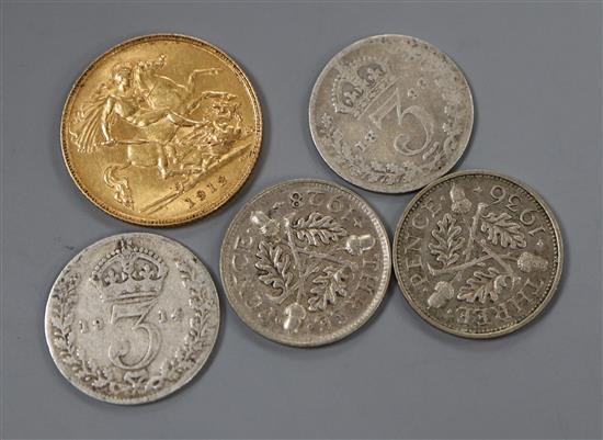 A George V 1912 gold half sovereign and four threepences.